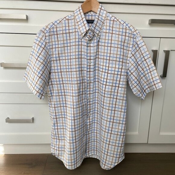 CANALI SS Designer Luxury 100% Cotton Check Shirt Made in Italy Wht Blue Tan M - Picture 13 of 13